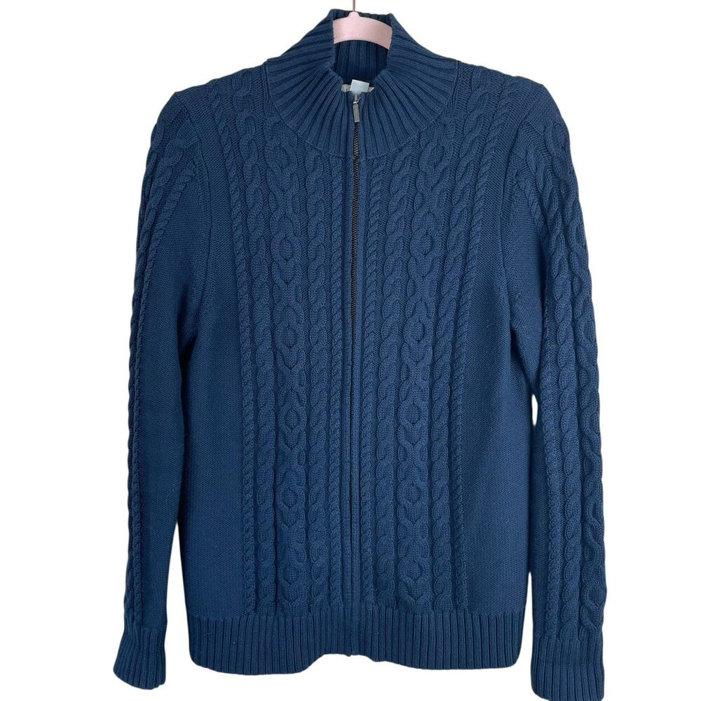 L.L.Bean Medium Navy Blue Cable Knit Zip-up Sweater Women's M Heavyweight‎ Cozy